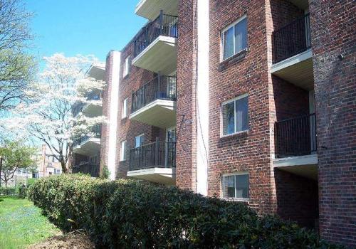 Exterior of residential buildings at Haverford Court apartments for rent in Philadelphia, PA